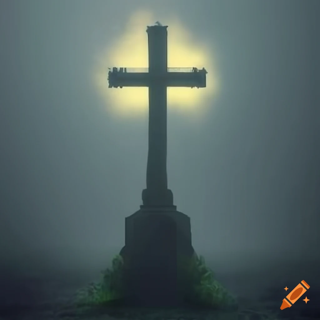 graveyard cross covered in mist