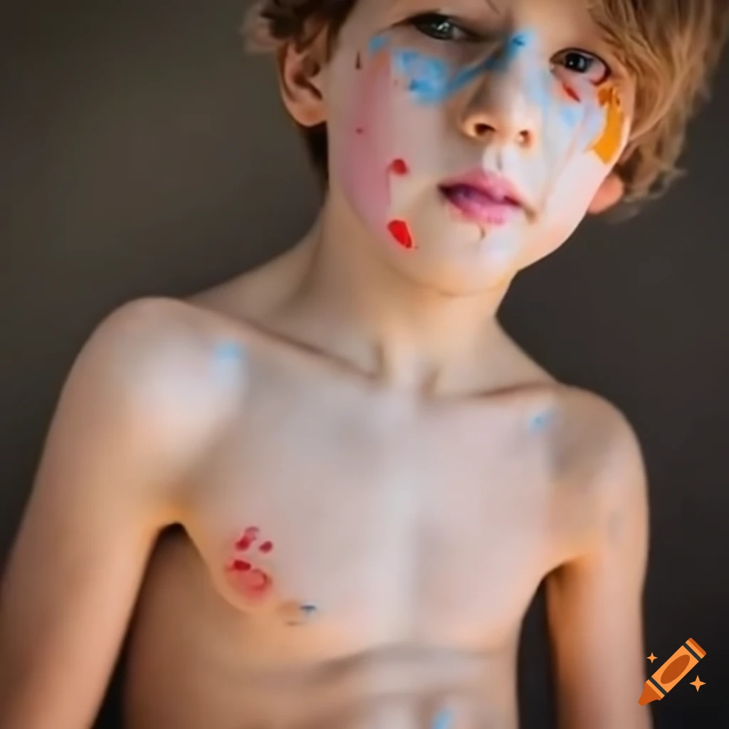 boy next to a self-portrait painting