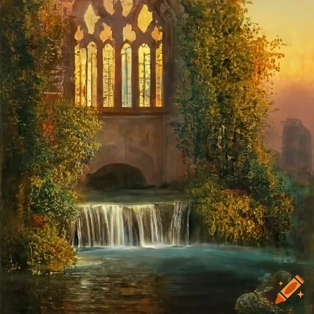 painting of a Victorian garden with a pond and cathedral window