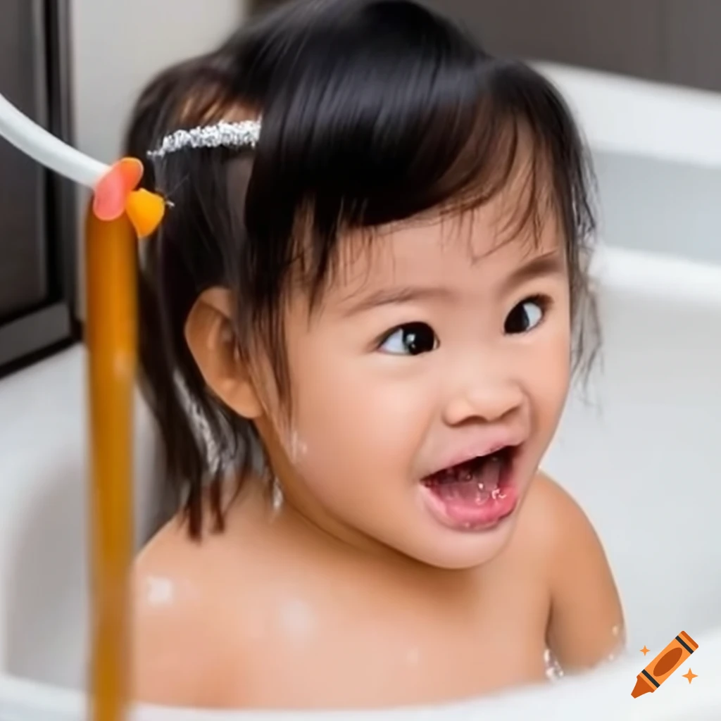 smiling toddler girl enjoying bath time with pigtails