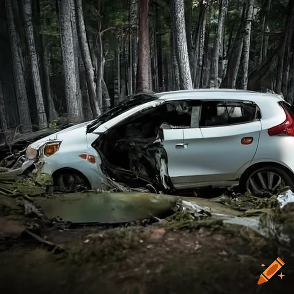 dark image of a wrecked Mitsubishi Mirage in a pine forest