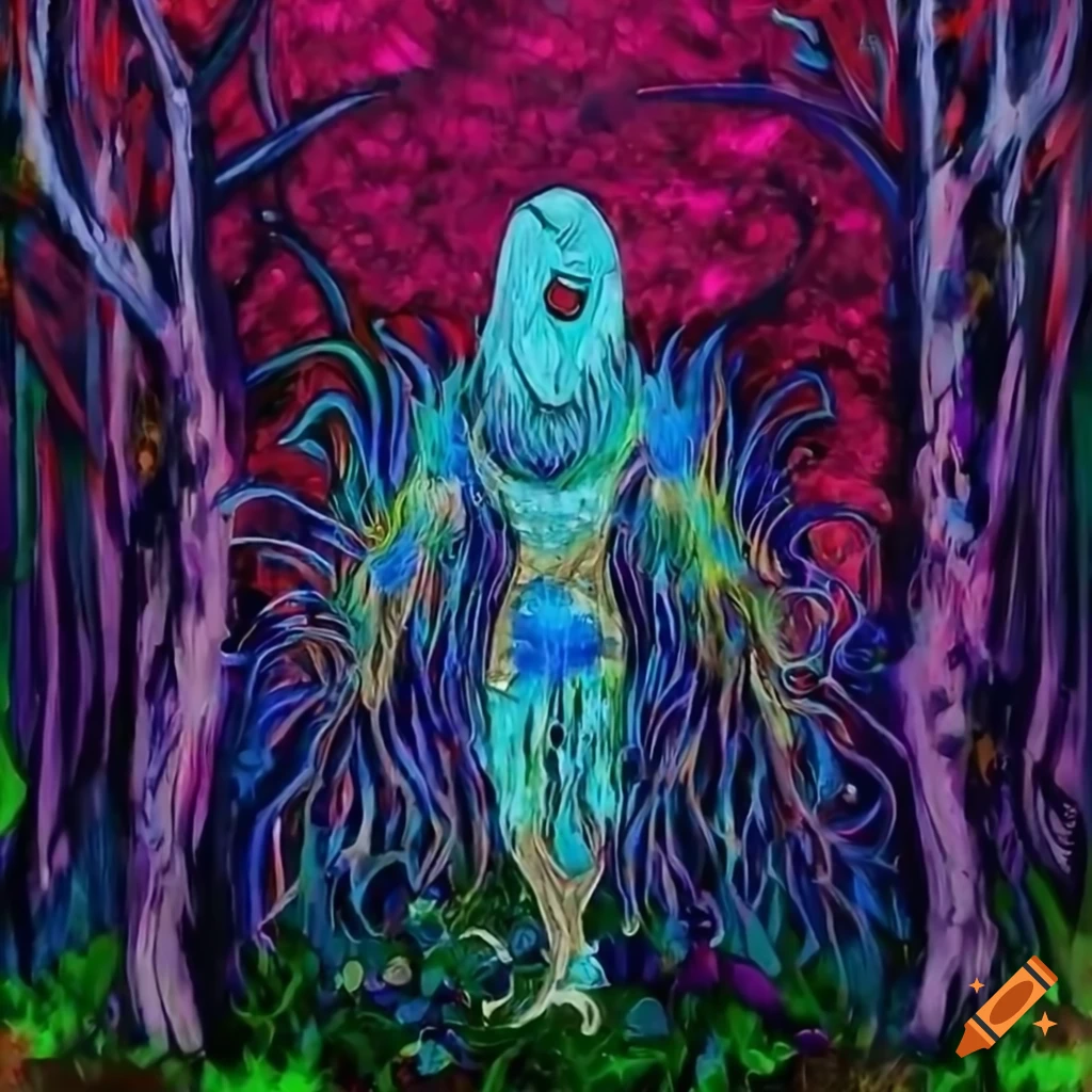pintura a óleo de uma família em um ritual de ayahuasca na floresta