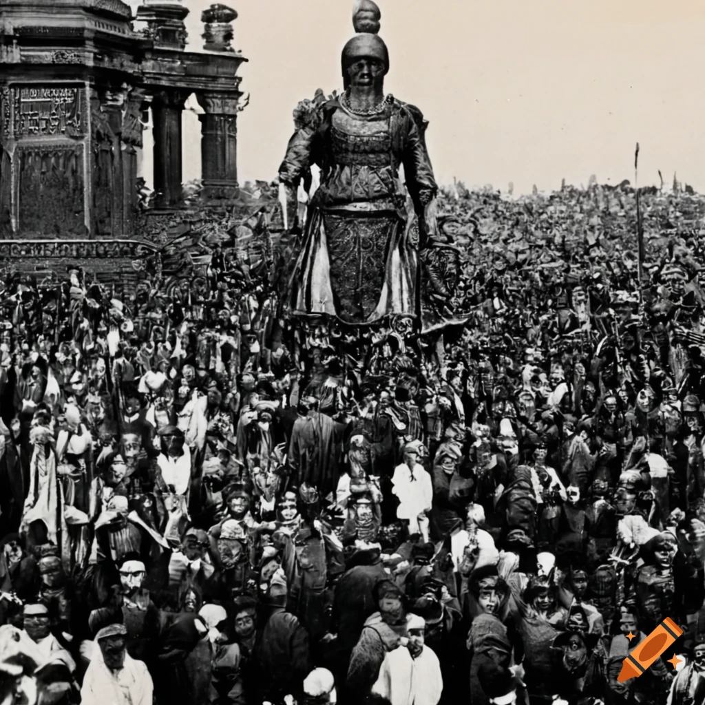 Historic photo of the iron giant of kandahar amidst a crowd