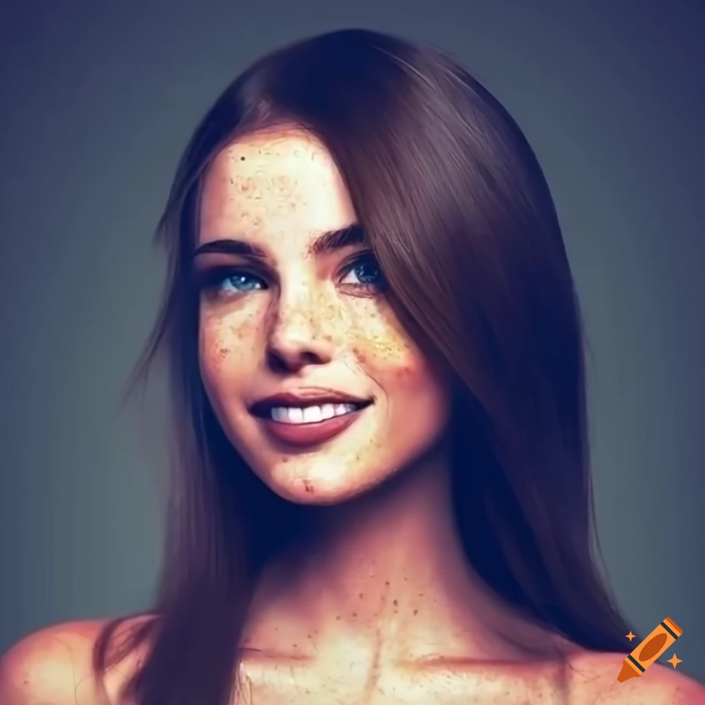 Portrait of a young woman with freckles and dark brown hair on Craiyon