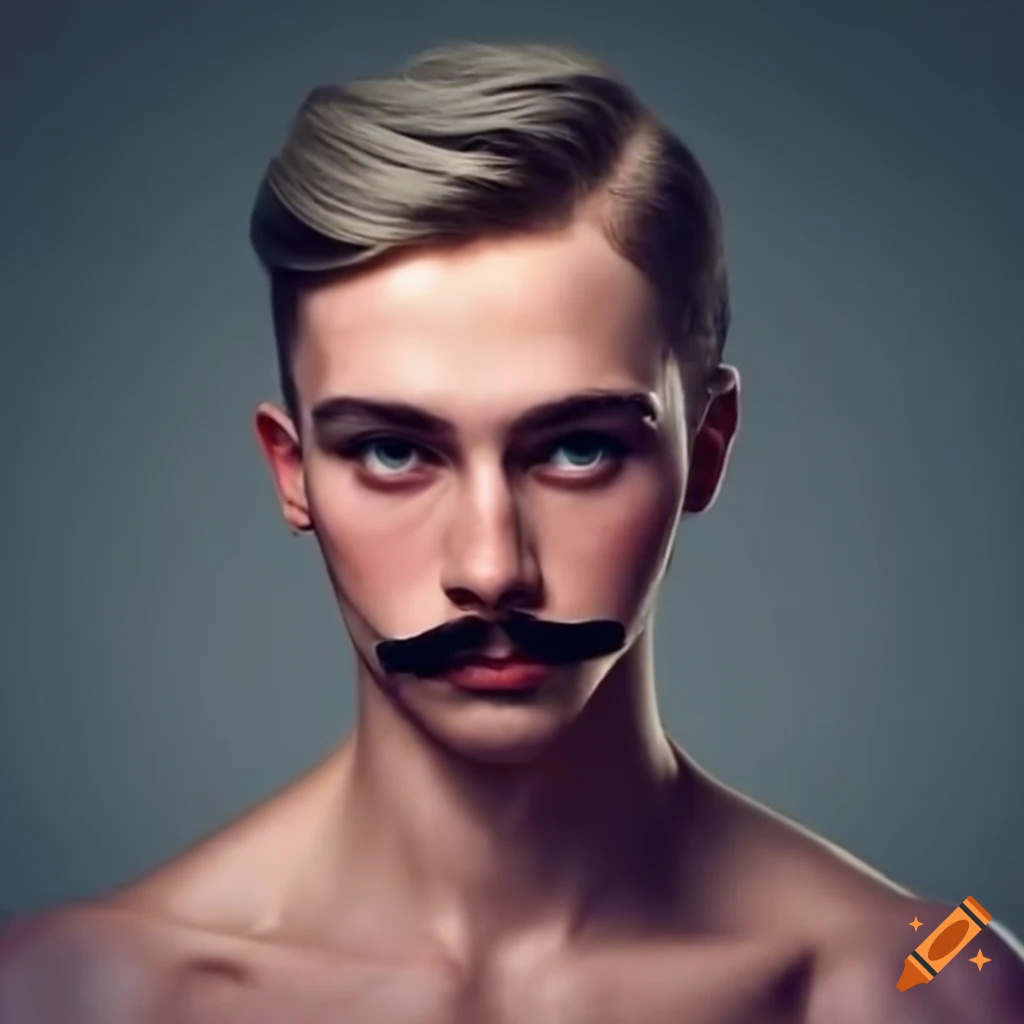 young muscular man with a french mustache