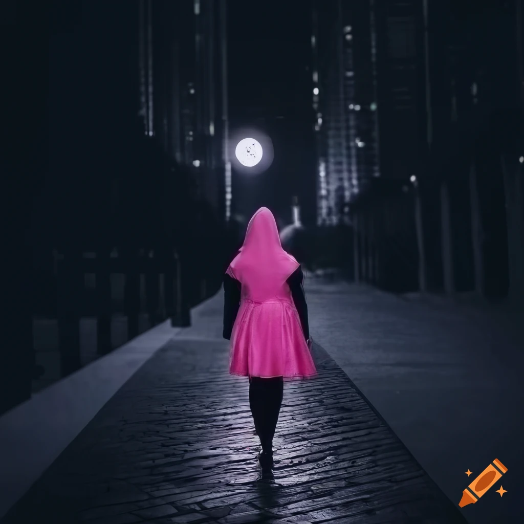 person walking through the city at night in a pink dress