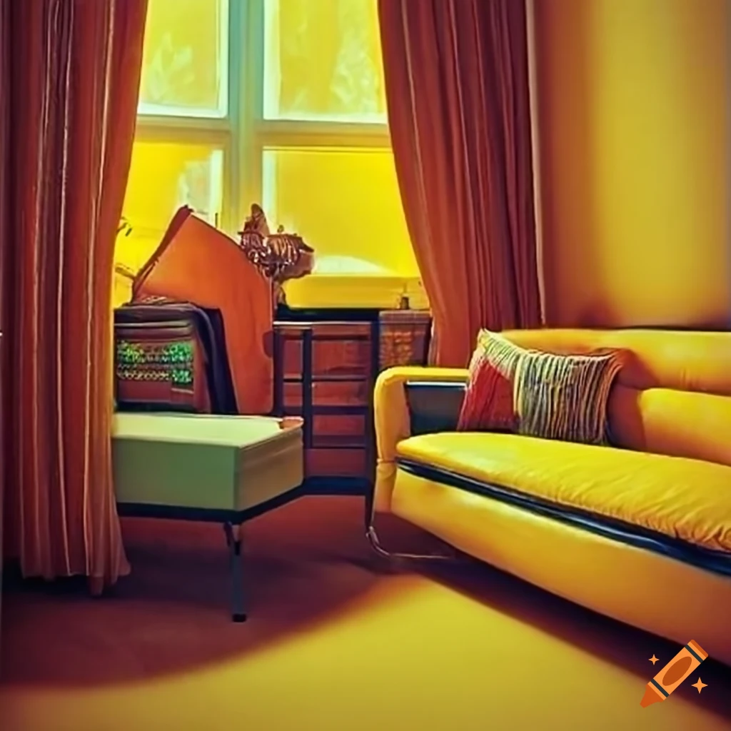 Vibrant 60s style room with a yellow couch on Craiyon