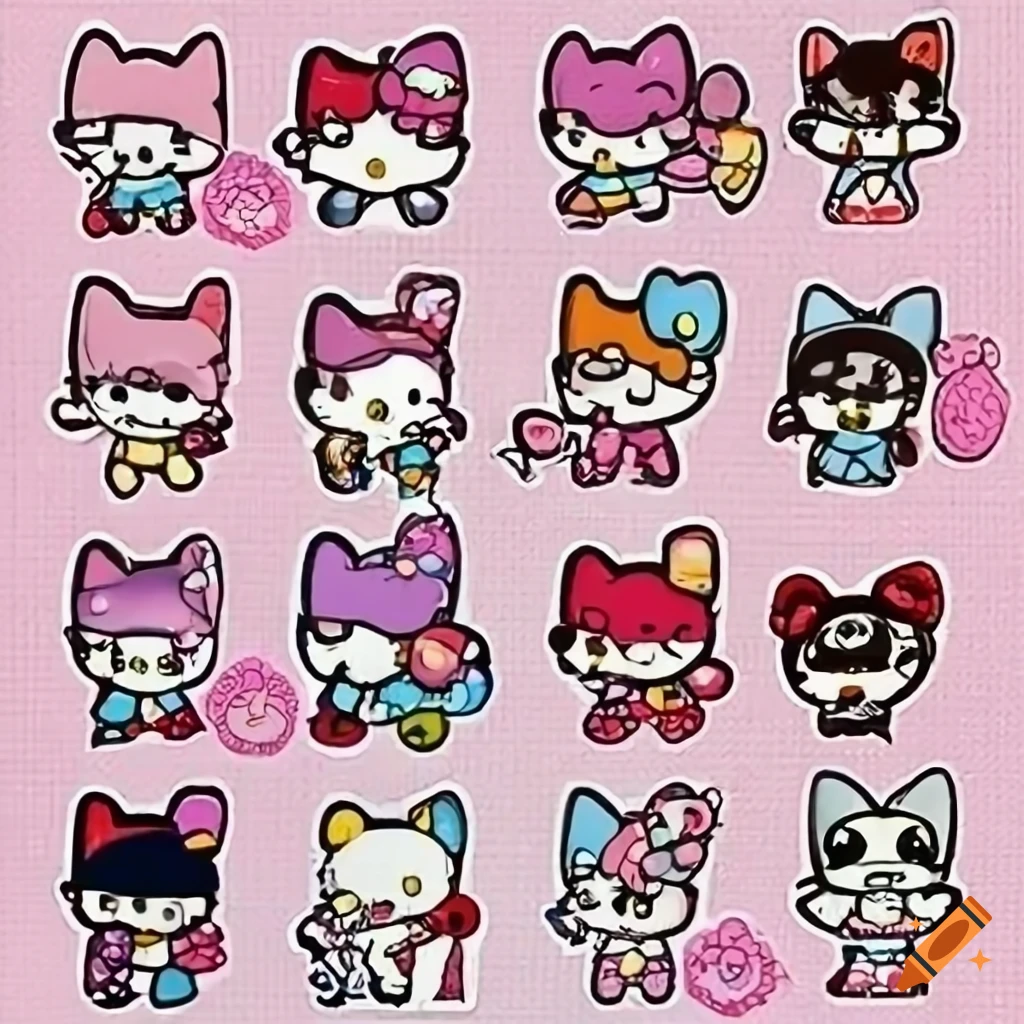 Cute anime-style hello kitty stickers on Craiyon