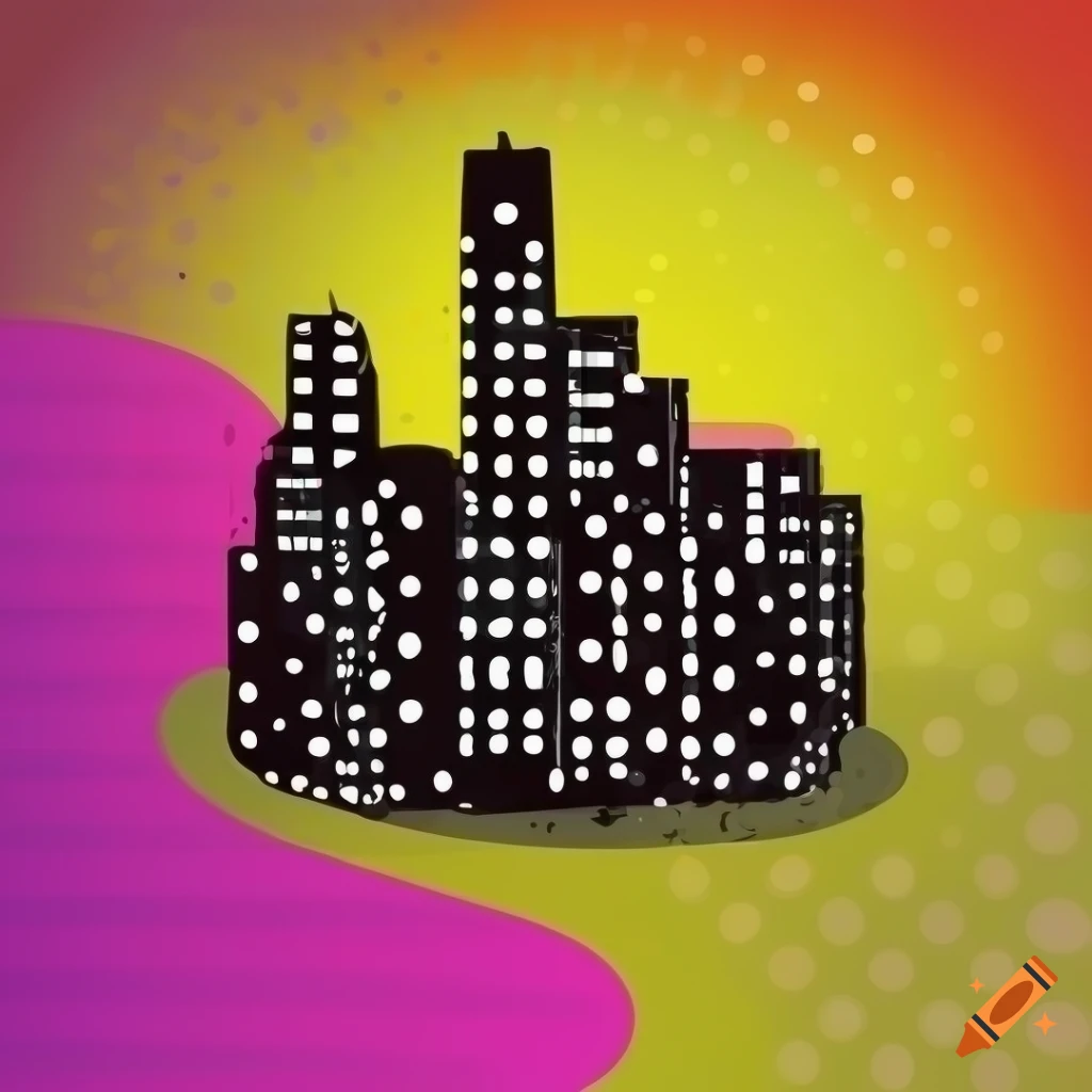 Polka dot background, bright colors, megalopolis silhouette, pop