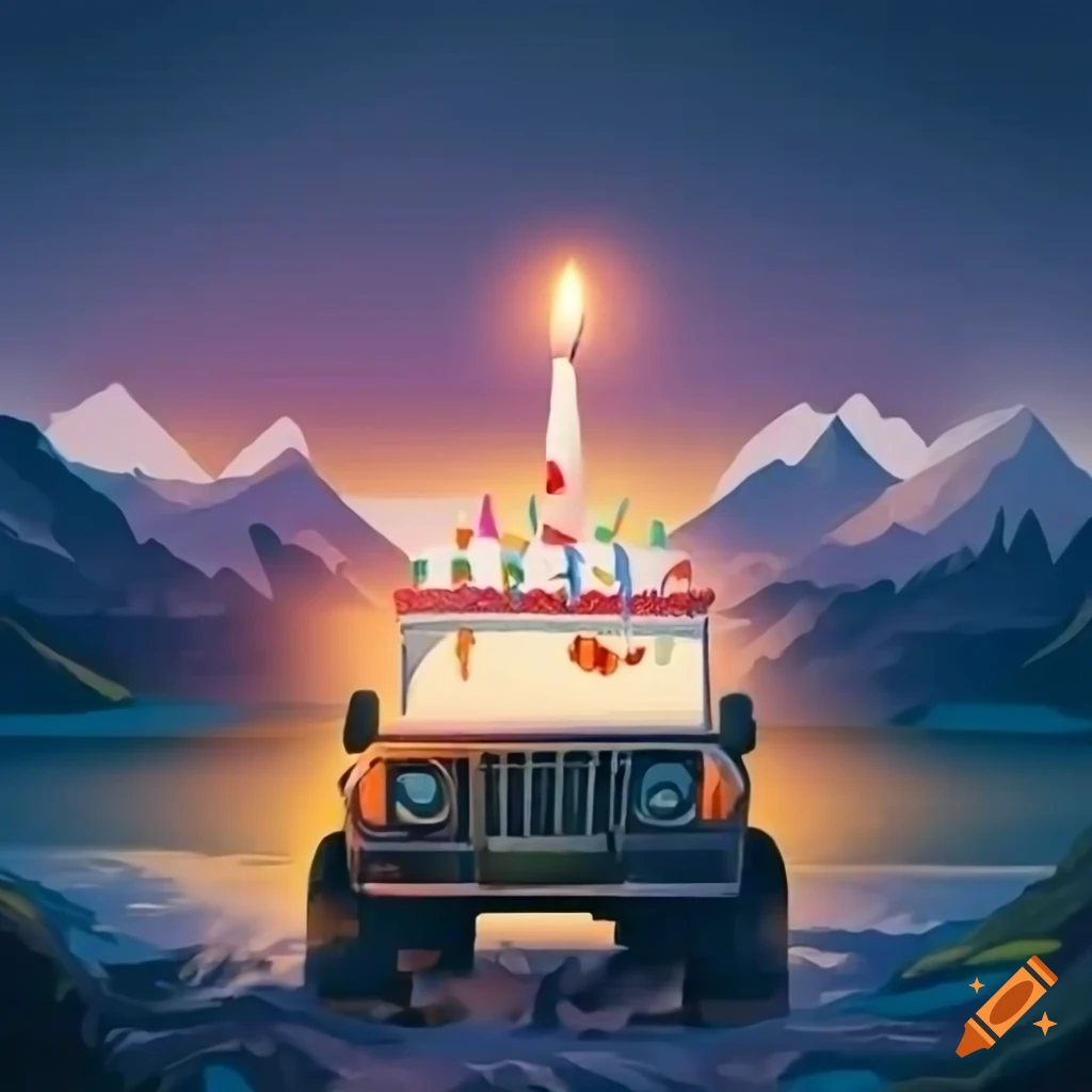 Birthday card with mountain scenery and off road vehicle on Craiyon, image size:1024x1024