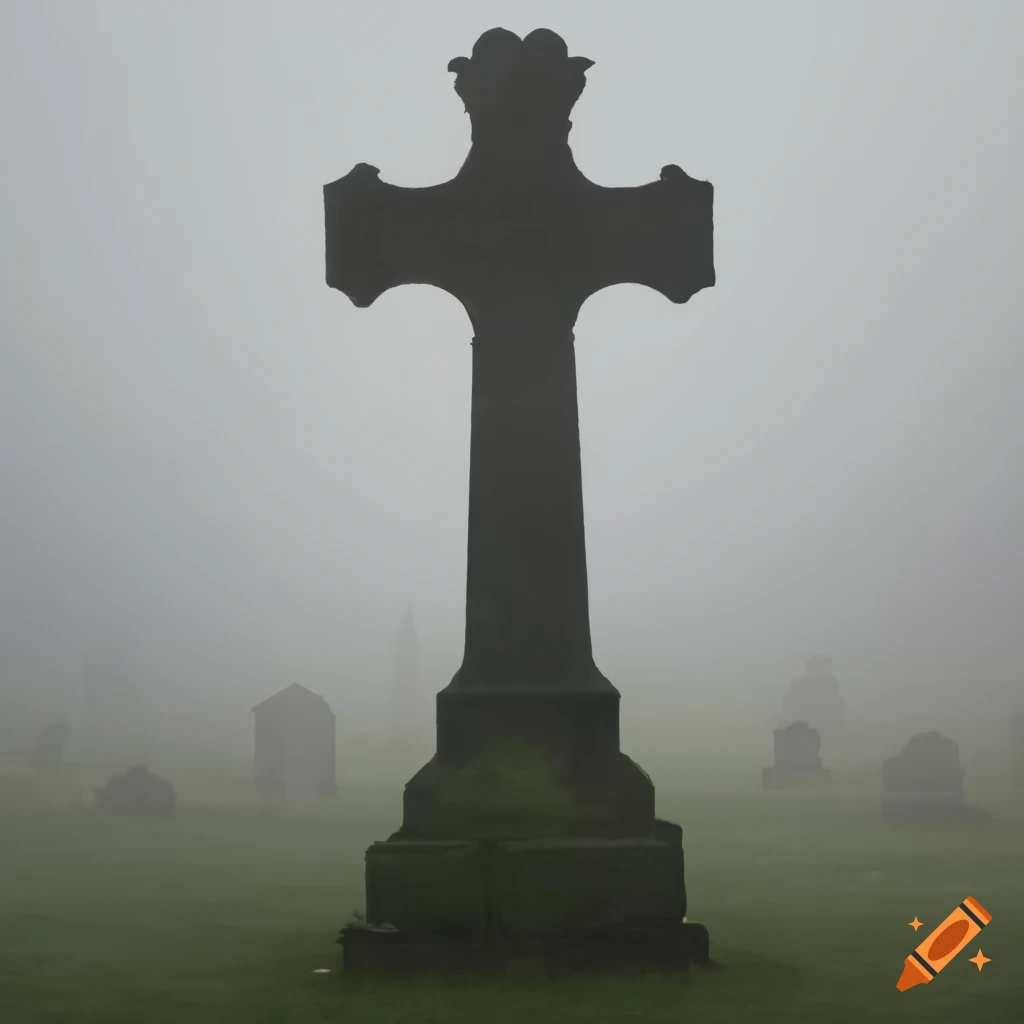 misty cross in a graveyard