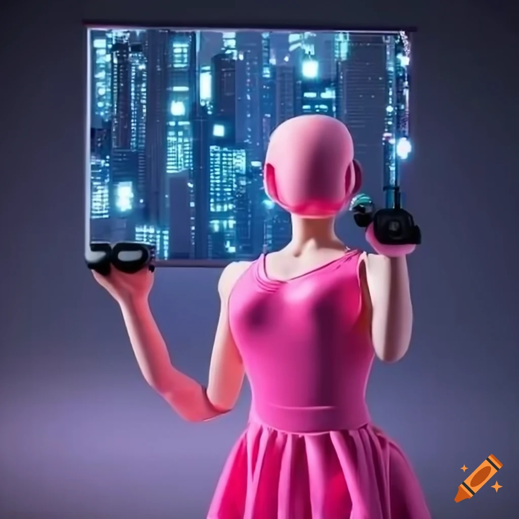 Person playing playstation in a pink dress at night on Craiyon