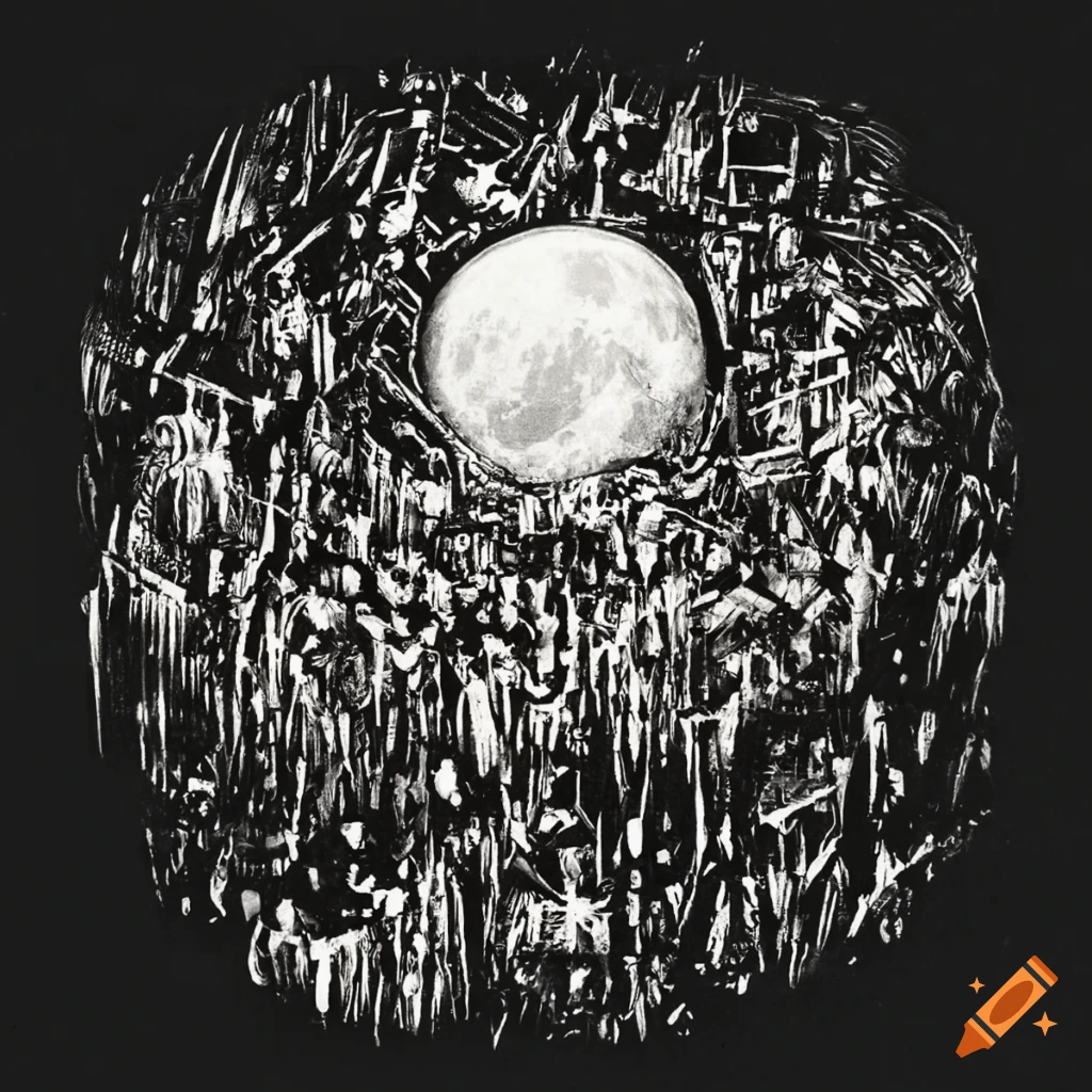 black and white retro magazine cover with people looking at the moon
