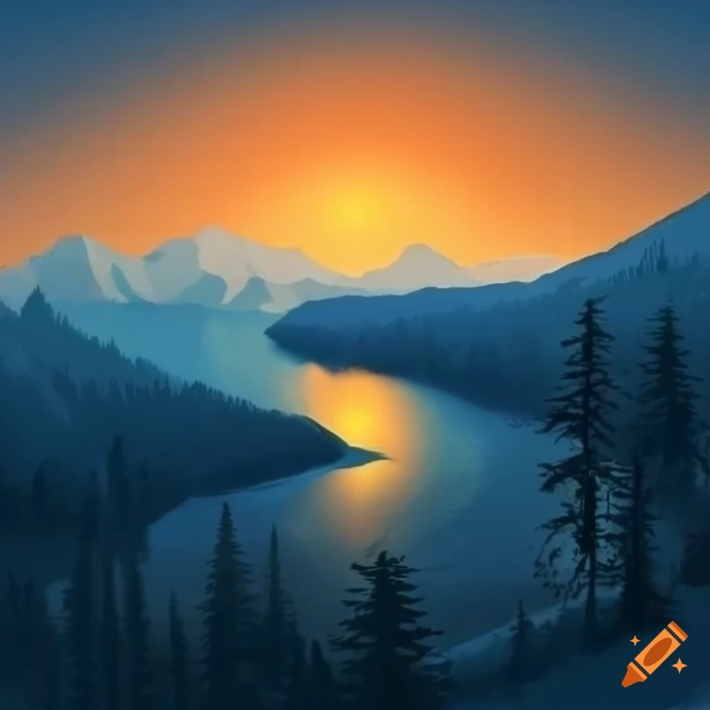 Virtual Landscape With Mountains Rivers And Sunset On Craiyon