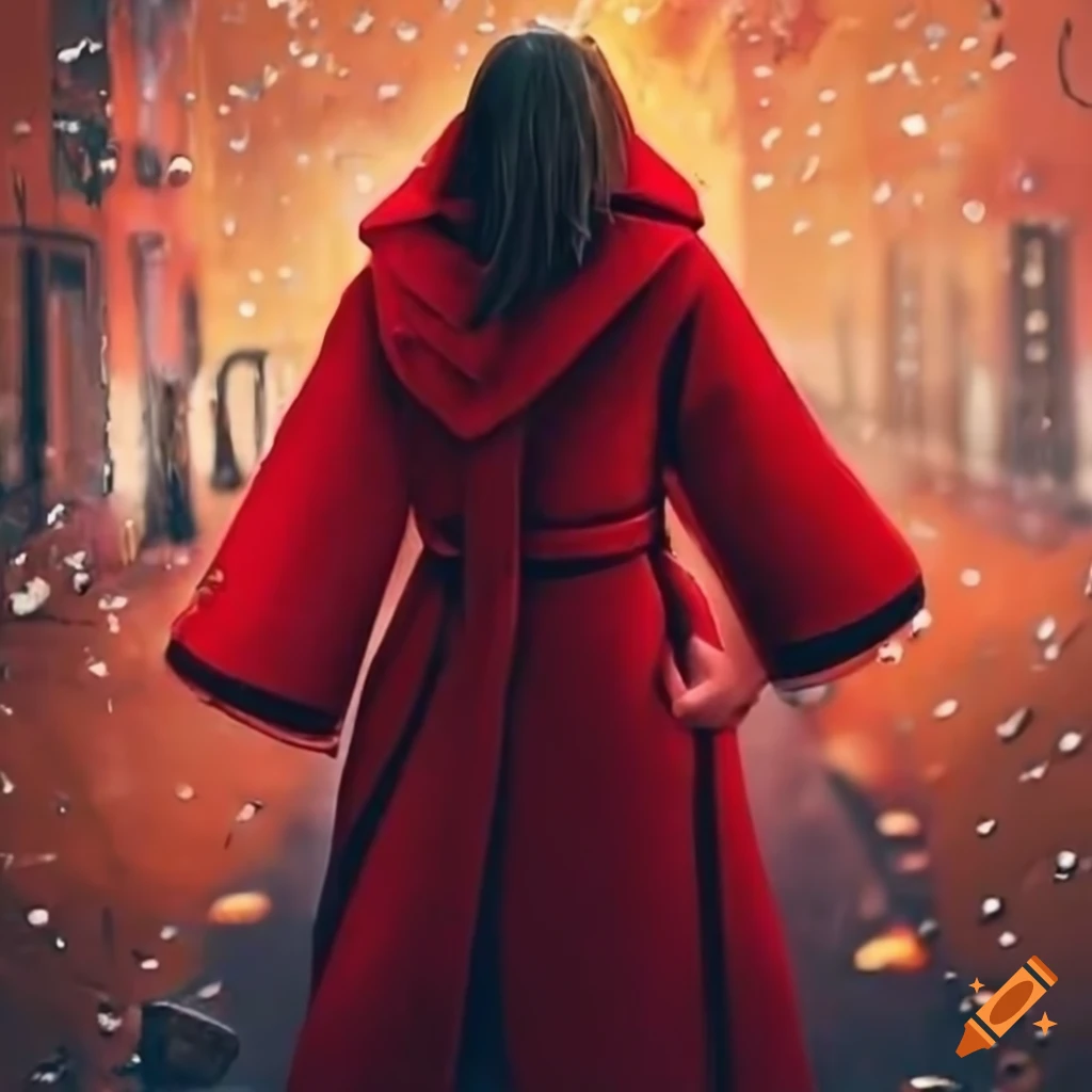 red coat girl walking in rainy alley