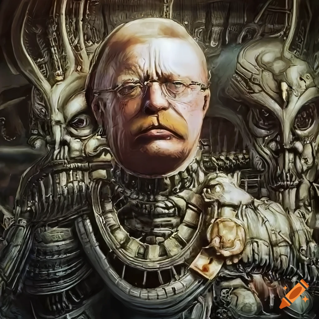 detailed sci-fi illustration of Theodore Roosevelt in an alien environment