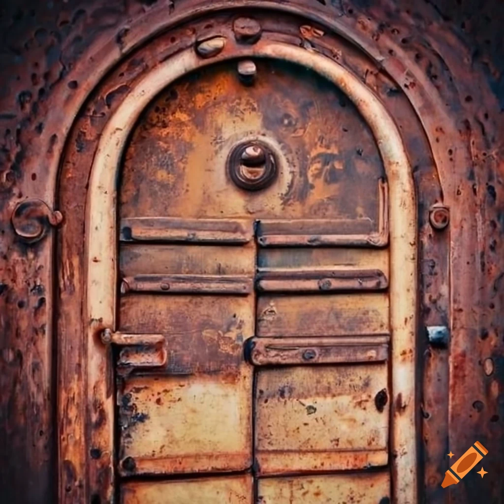 Rusty metal door with circular window on Craiyon
