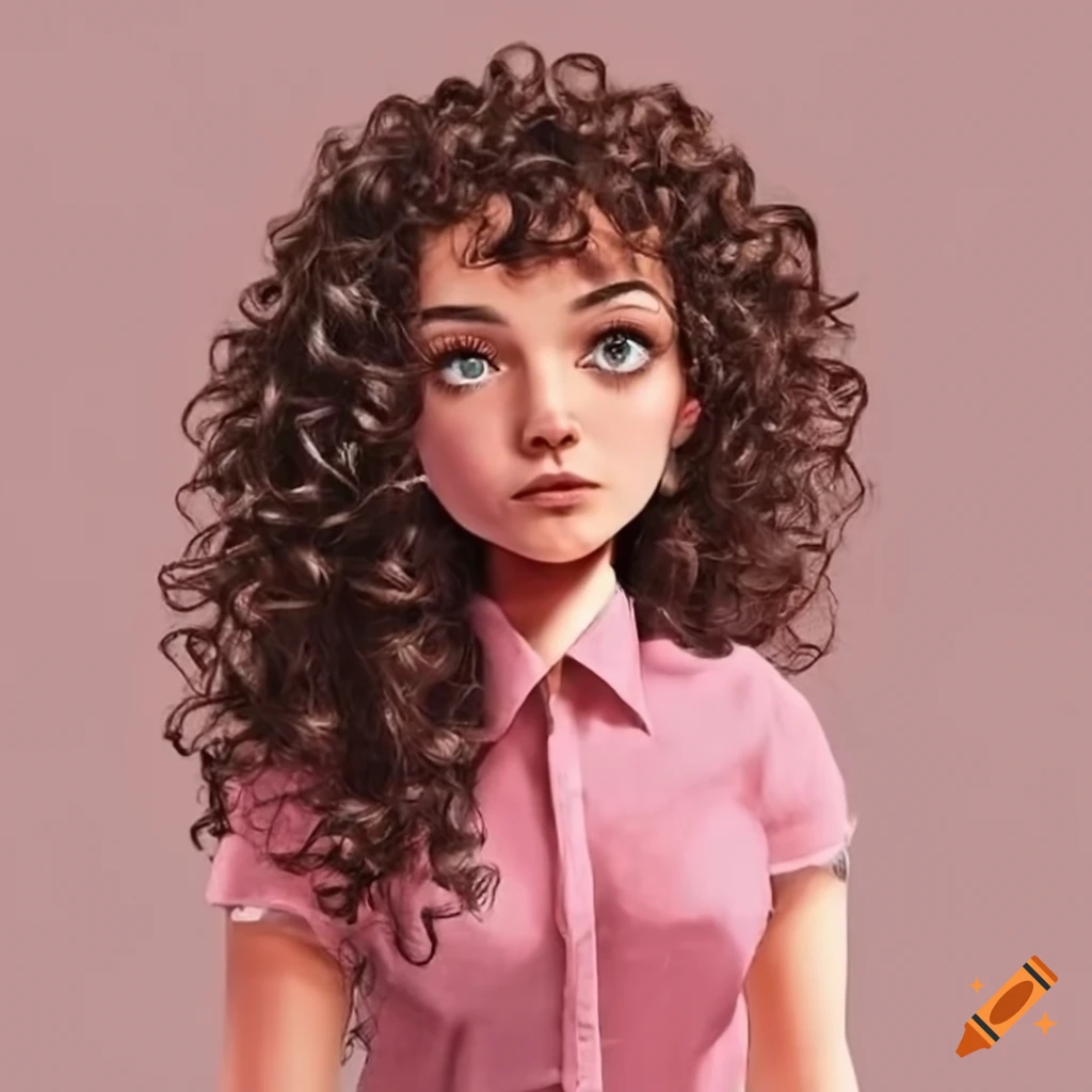 young woman with curly hair wearing a pink shirt