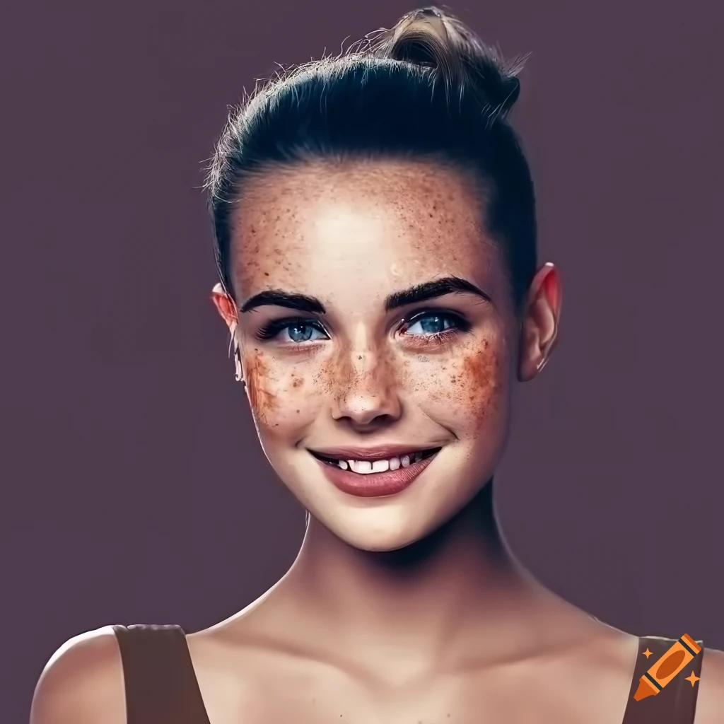 Portrait of a young woman with freckles and dark hair on Craiyon