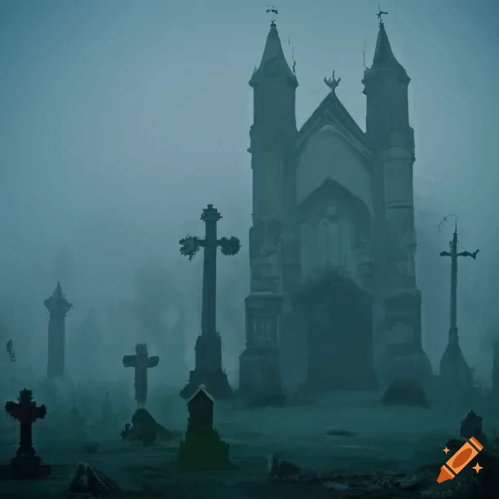 misty graveyard scene