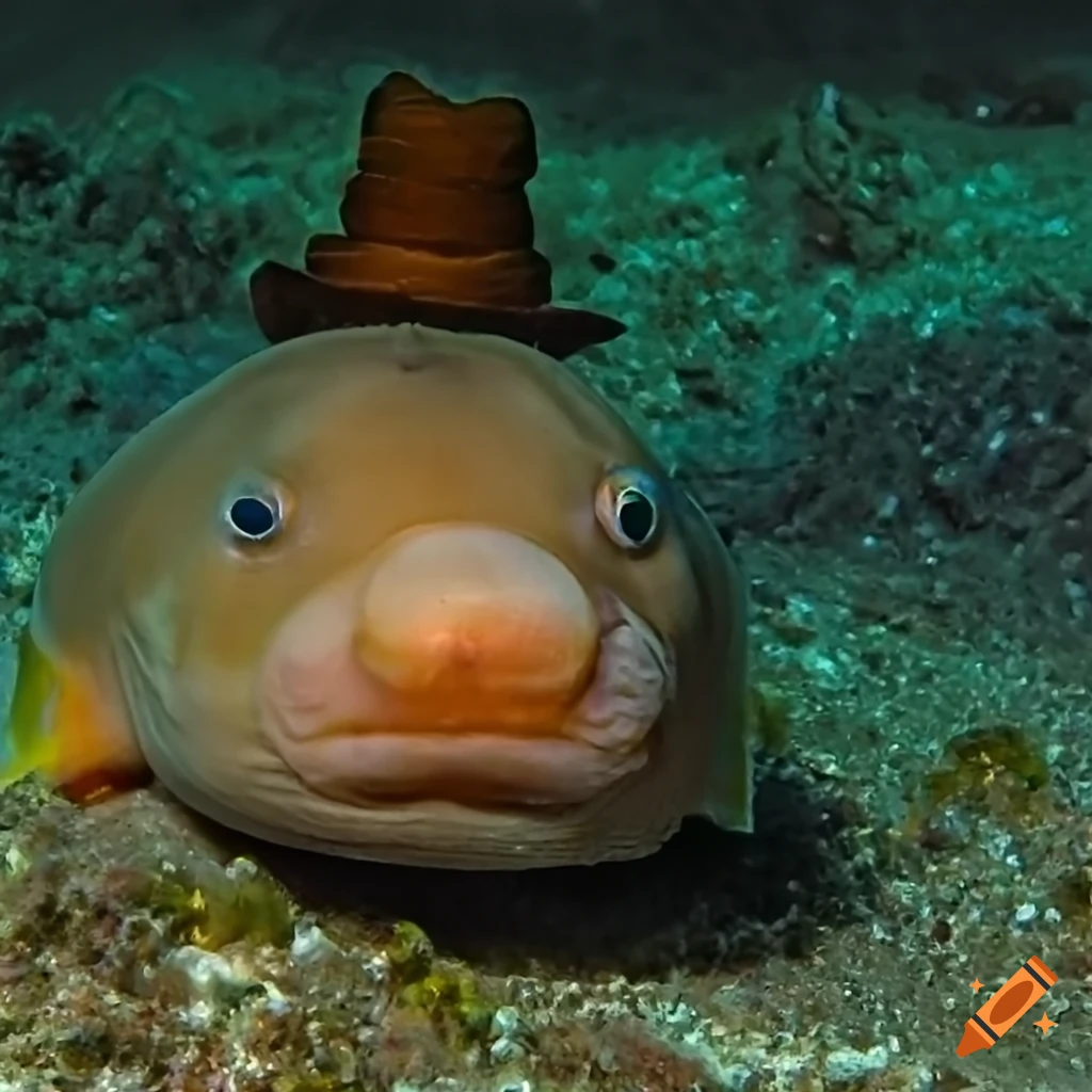 Cute pink blobfish with a brown hat on Craiyon