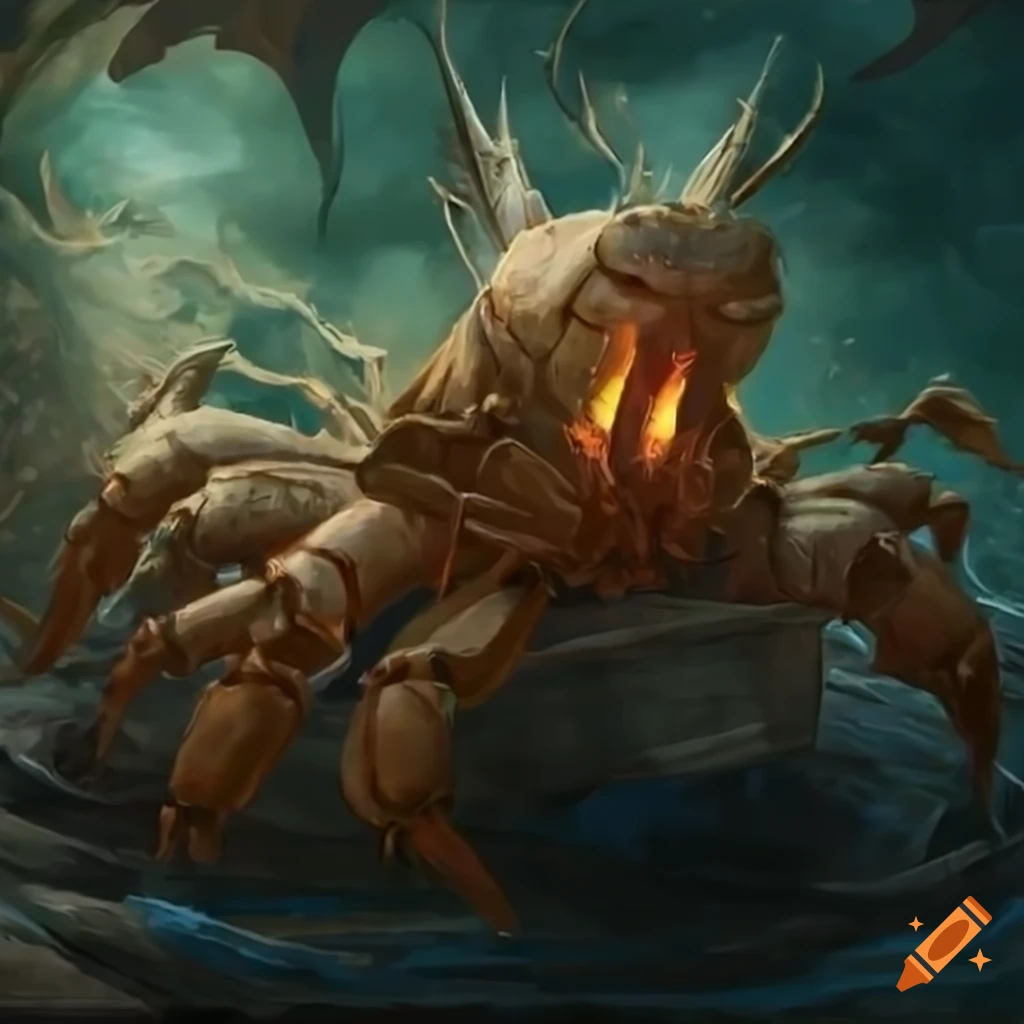 Illustration of a giant crab attacking a wooden boat on Craiyon