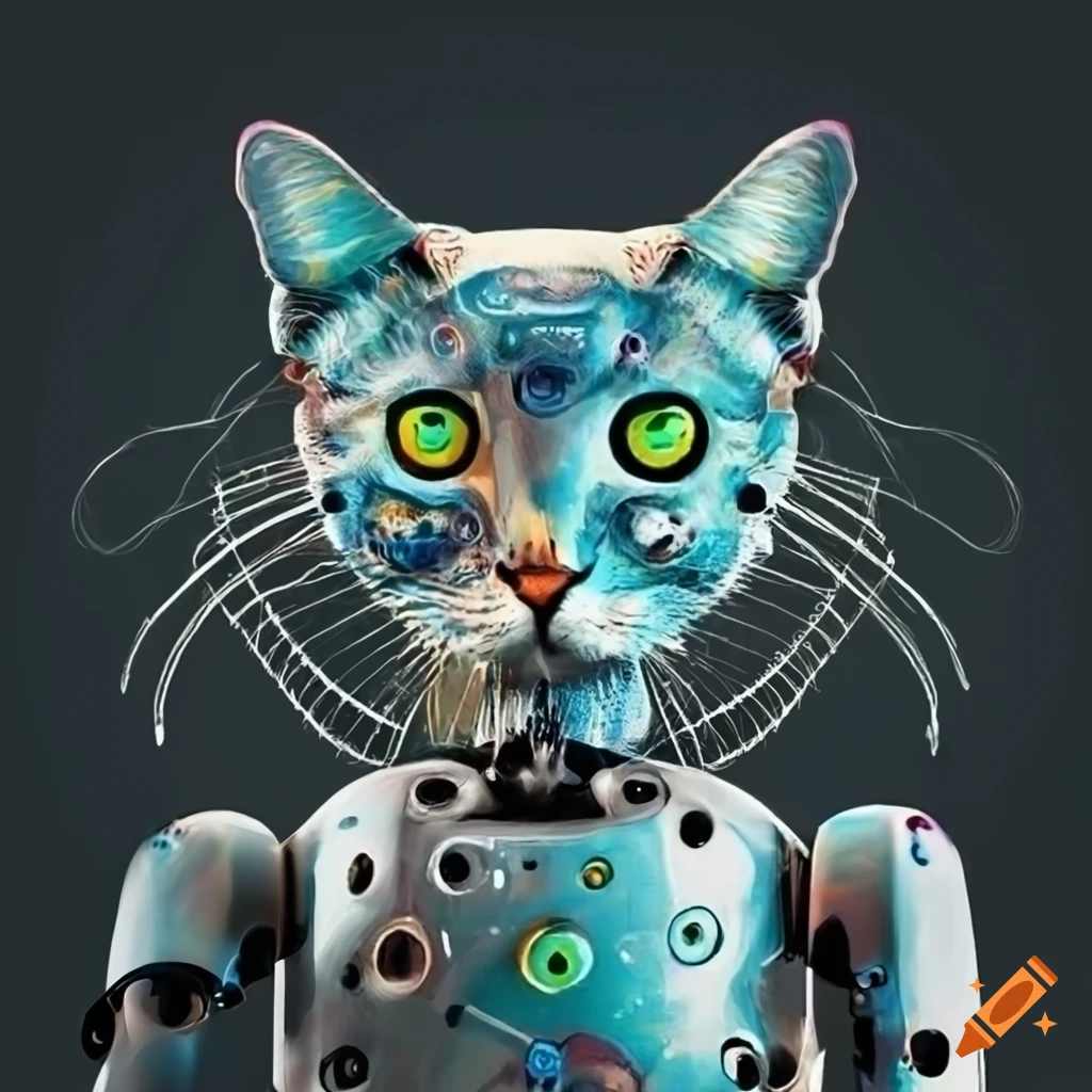 surrealist collage featuring a robot cat
