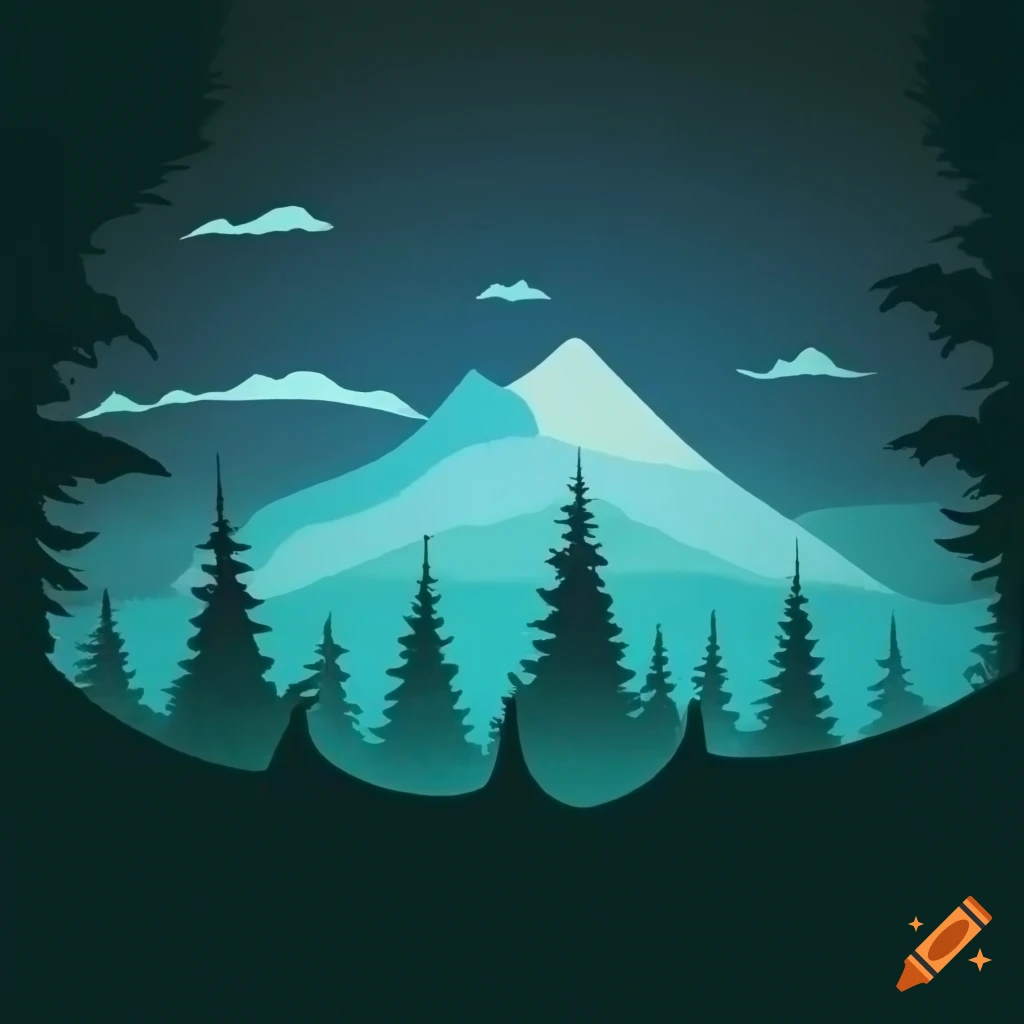 outline of a forest with mountains in the background