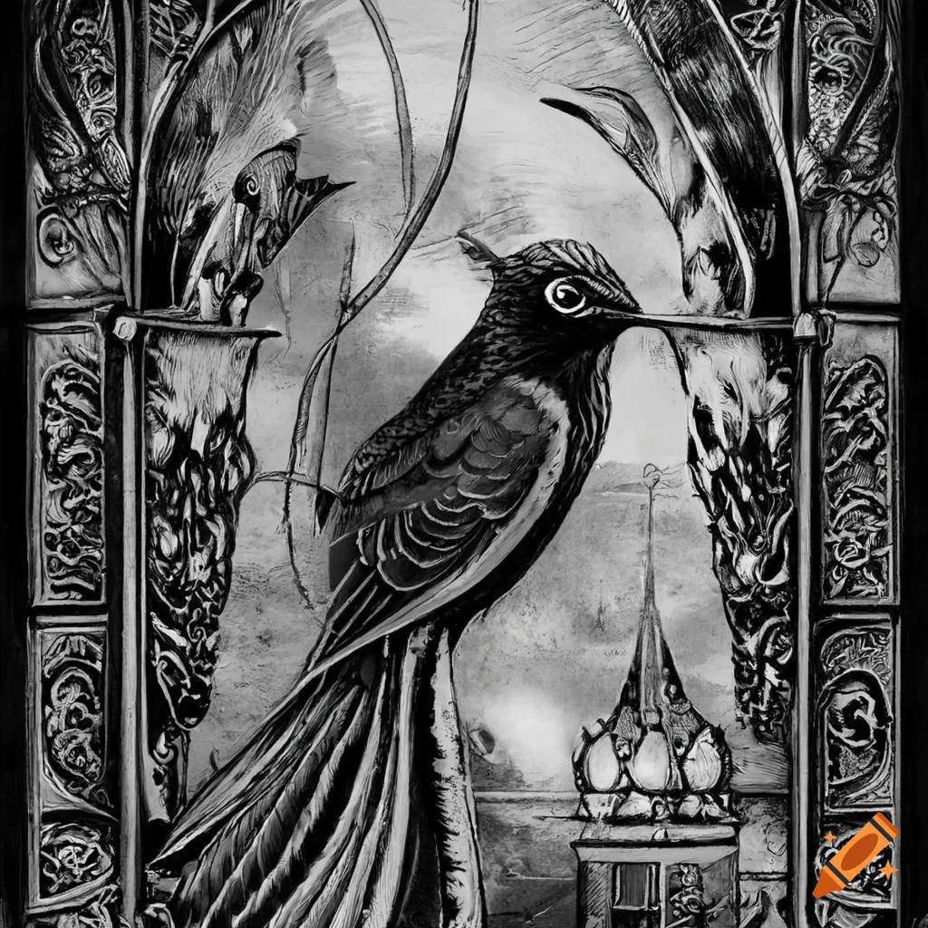 black and white fine detailed bird tarot card