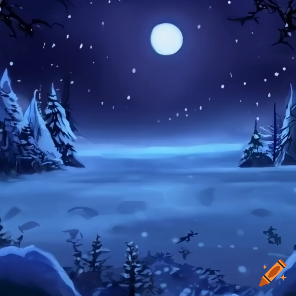 anime snowy field battle background at night