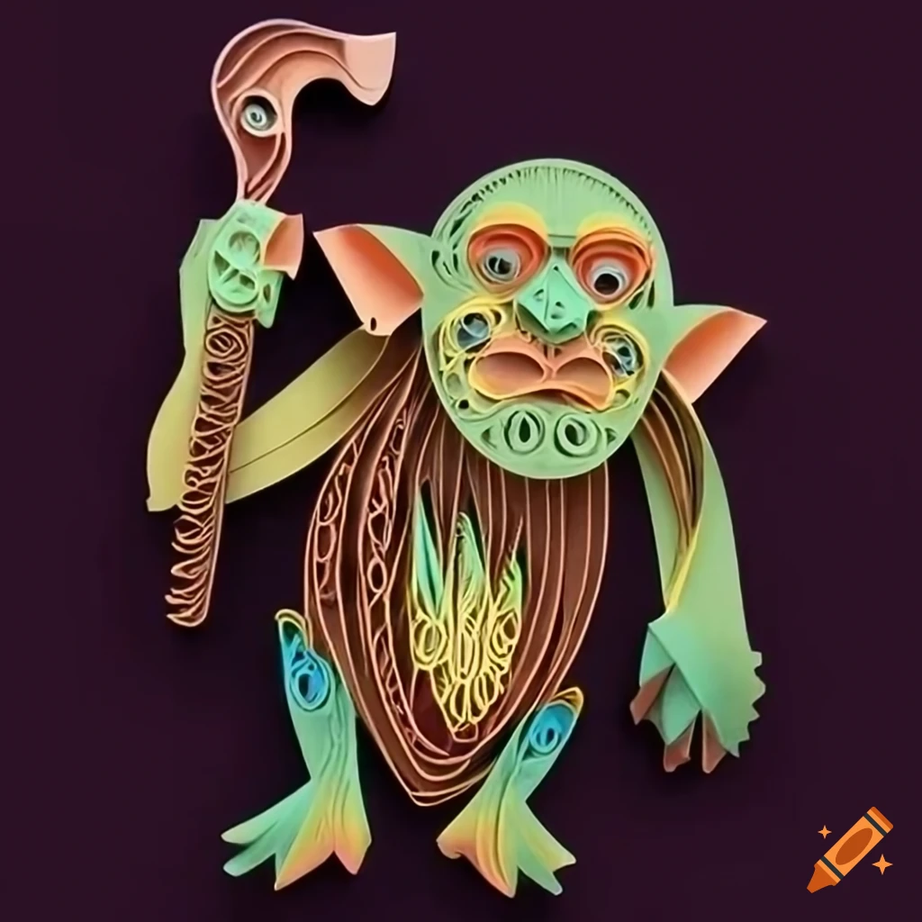 quilling paper art of a mountain troll holding a club