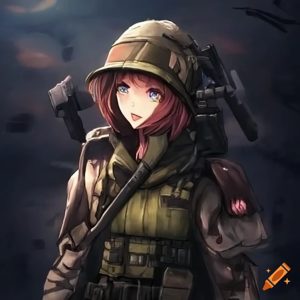 anime picture of a soldier girl in a post-apocalyptic setting