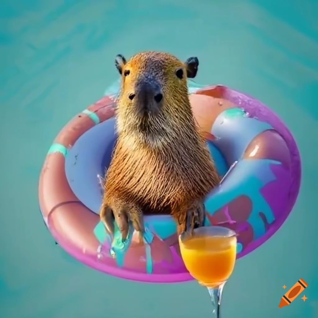 Capybara relaxing on a pool float with a cocktail