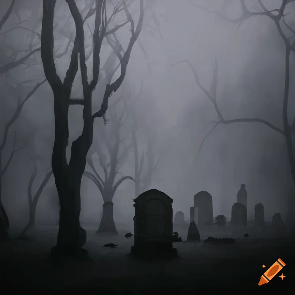 misty graveyard scene