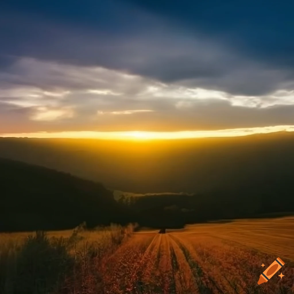 sunset landscape with crepuscular rays