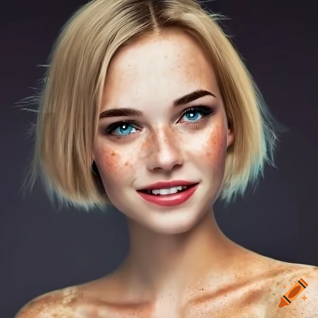 portrait of a beautiful young woman with freckles and bobbed blonde hair