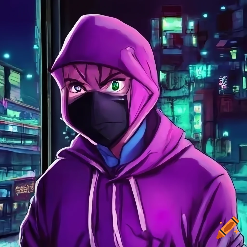 Anime cyberpunk male with pink hair and glasses standing in city