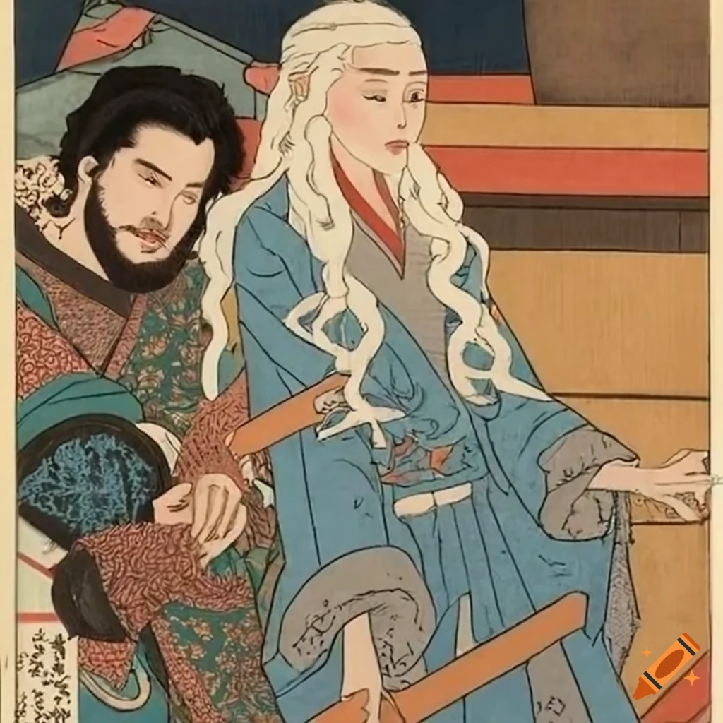 ukiyo-e style artwork of Daenerys Targaryen and Jon Snow