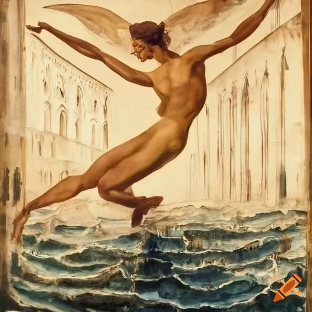 painting of a sinking Venice in the style of Schiele and William Blake