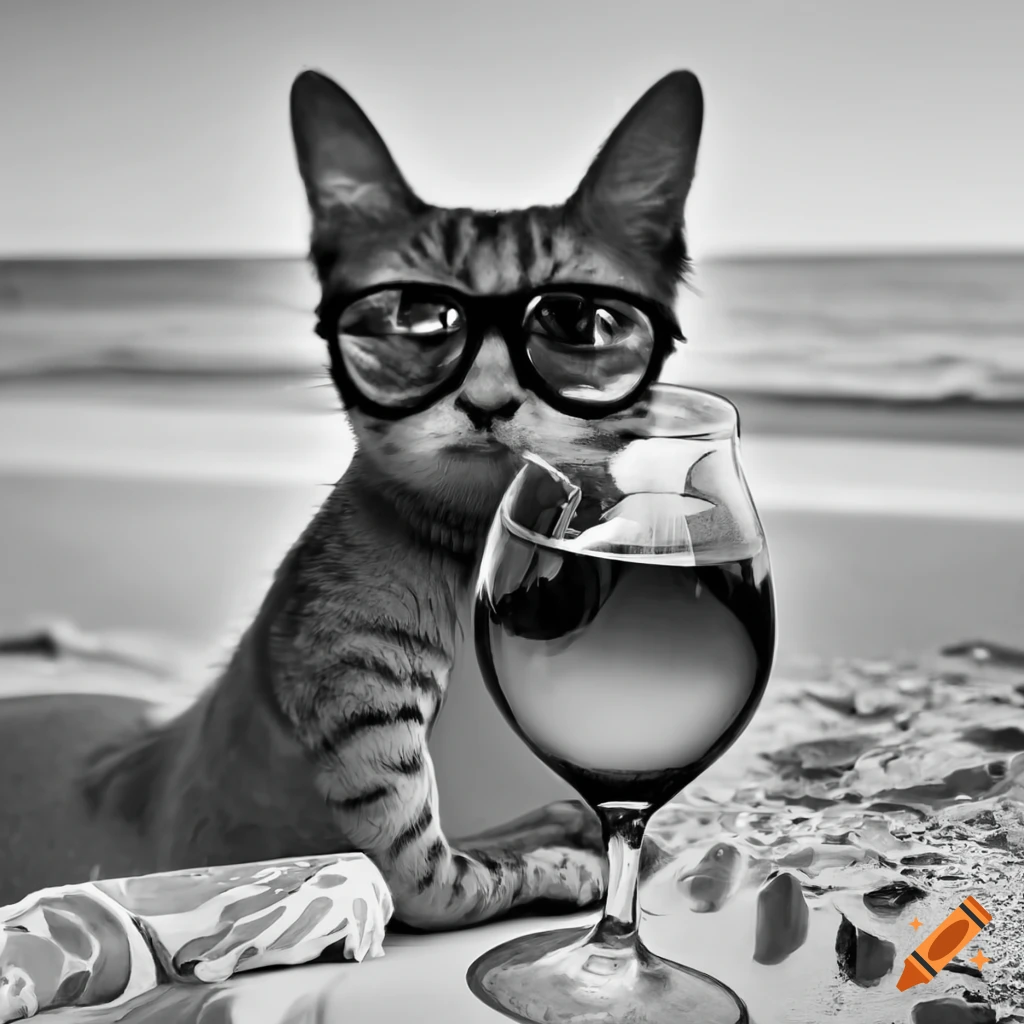 Black and white art of a cat wearing glasses at the beach on Craiyon