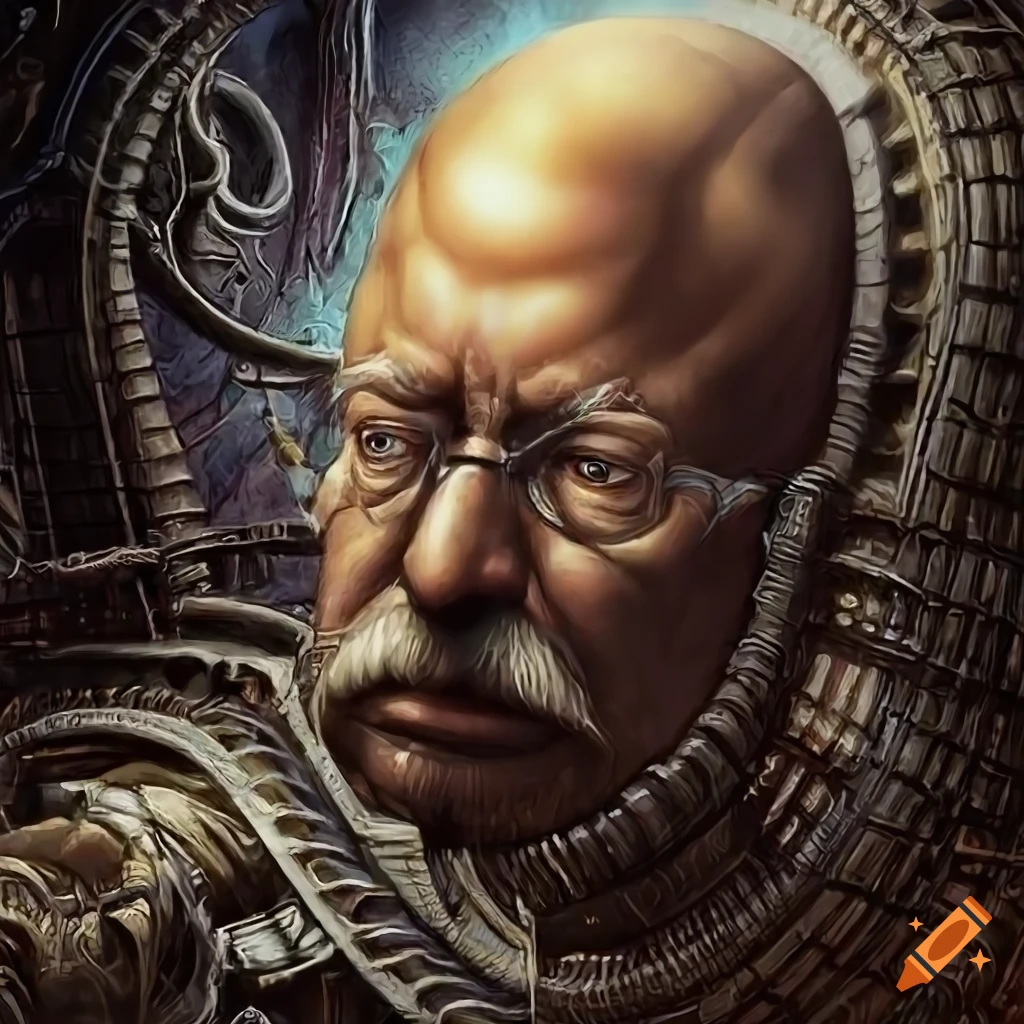 detailed sci-fi illustration of Theodore Roosevelt in an alien biomechanical environment