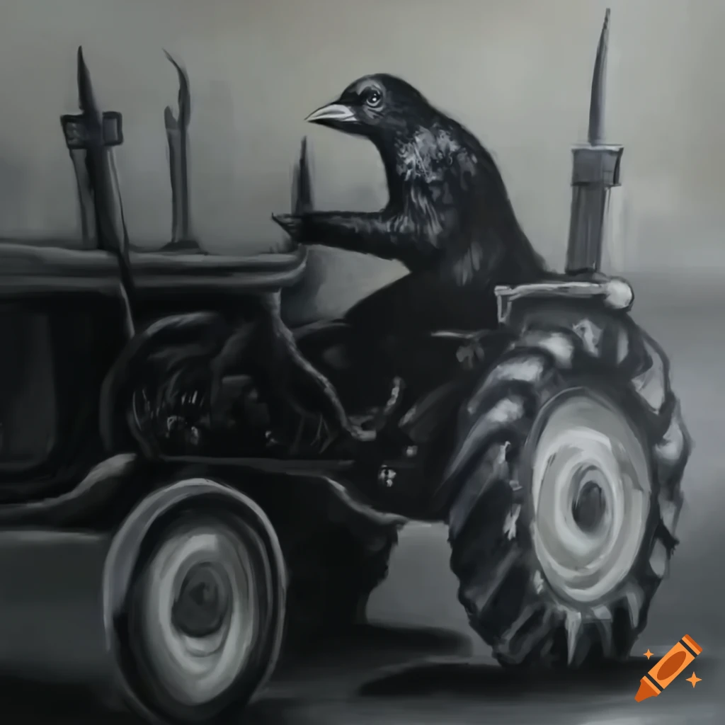 funny image of a crow driving a tractor