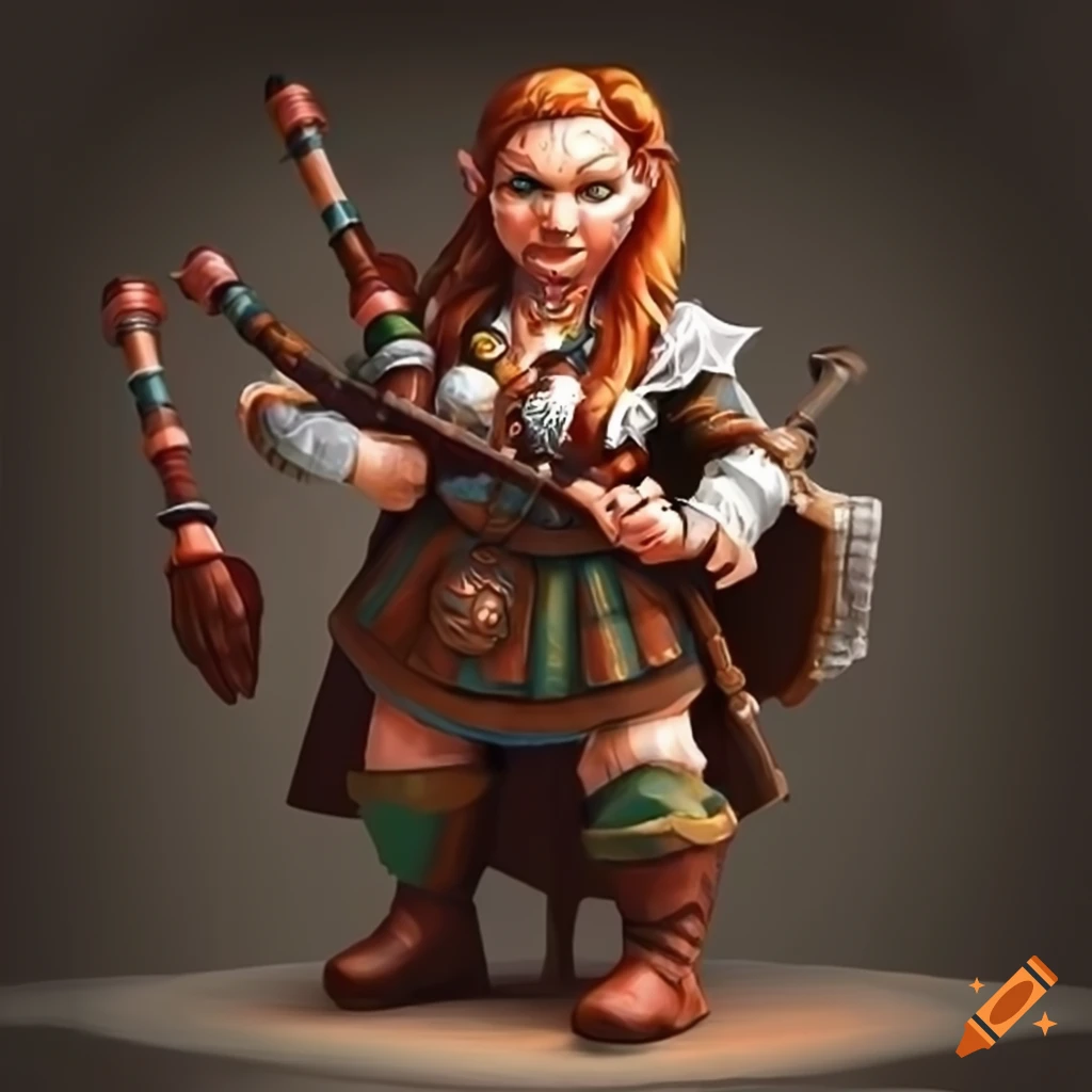 Illustration of a female dwarf playing bagpipes on Craiyon