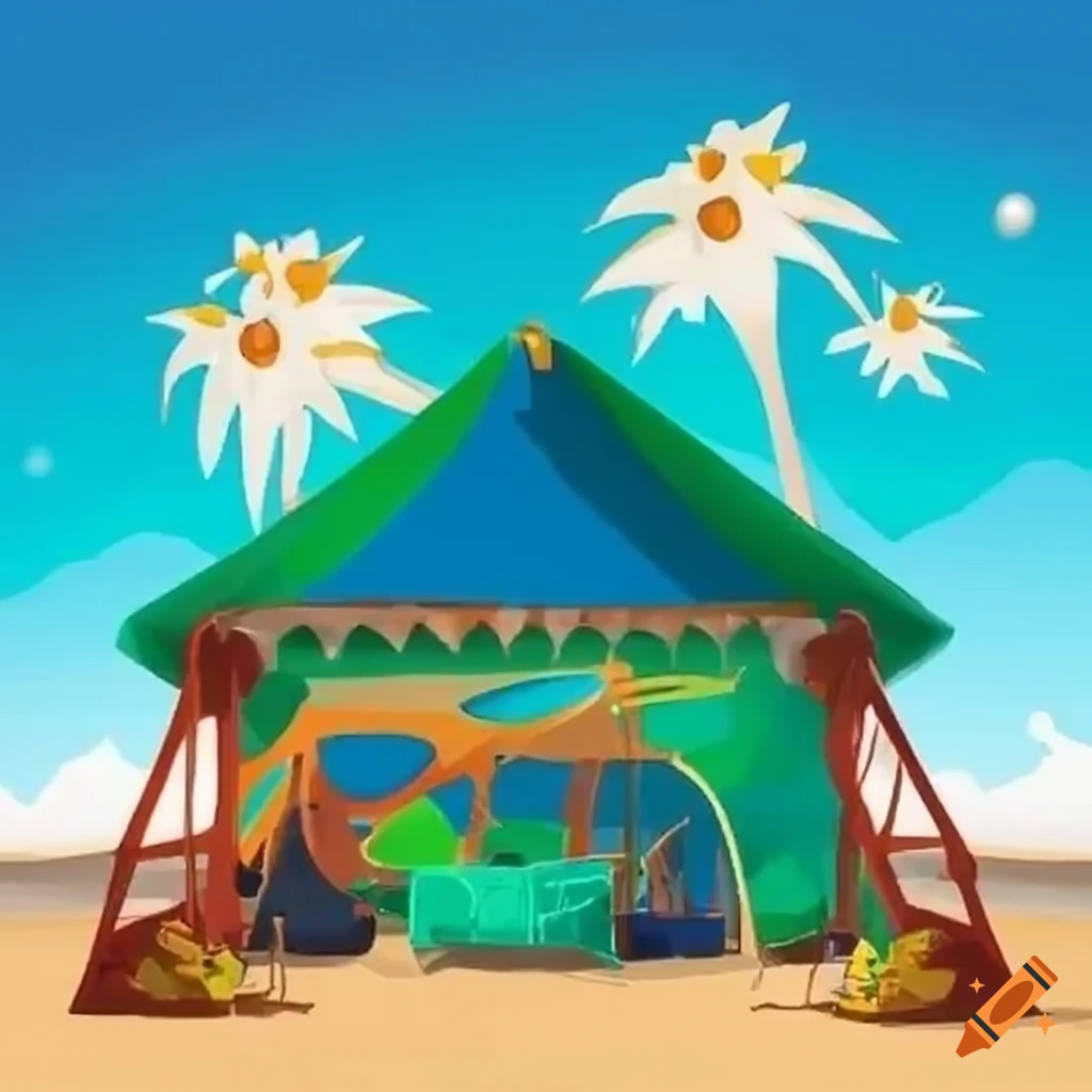 cartoon illustration of a beach camp