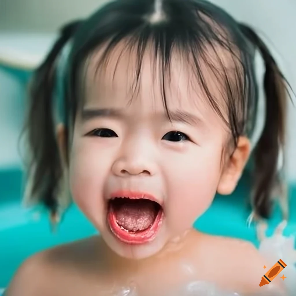 happy Asian toddler girl with pigtails eating a white popsicle