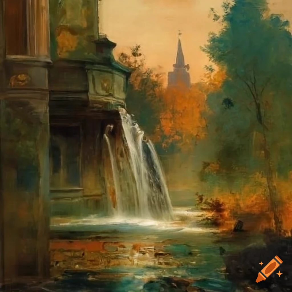 painting of a Victorian garden with a pond and cathedral