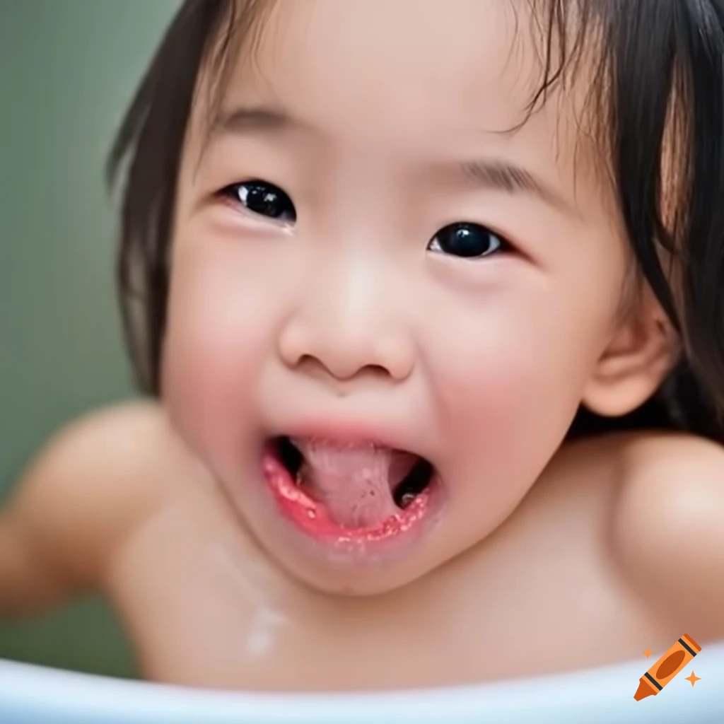 adorable Asian toddler girl enjoying bath time