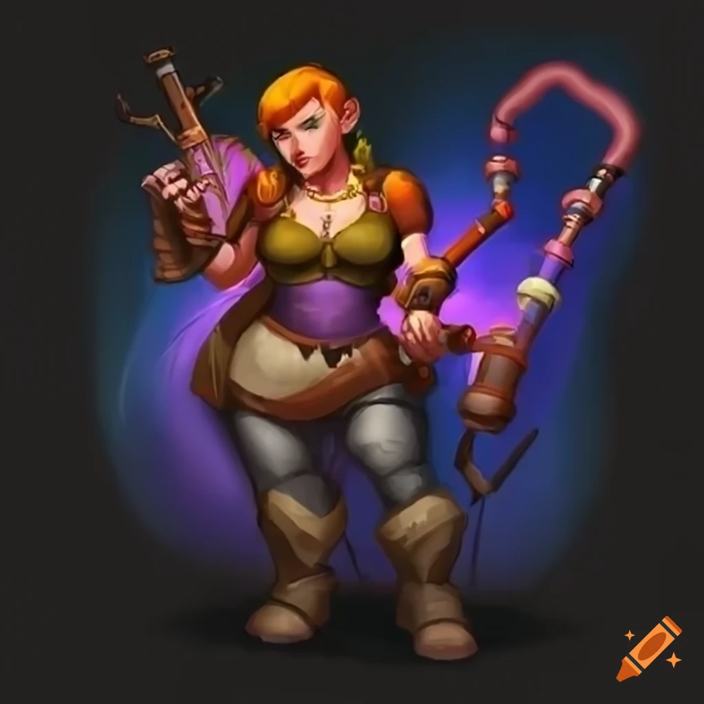 female dwarf bard playing a bagpipe
