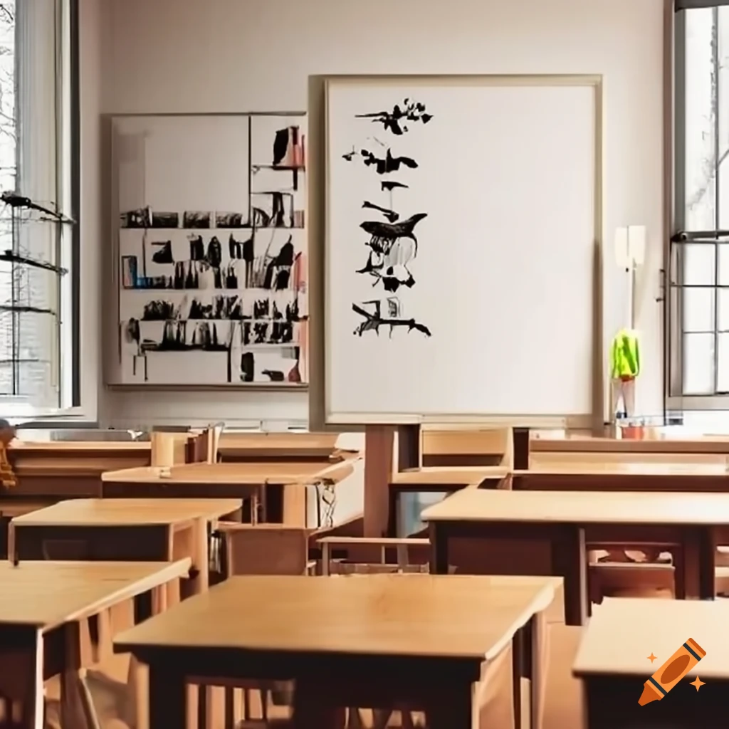 Classroom with art projects on tables on Craiyon