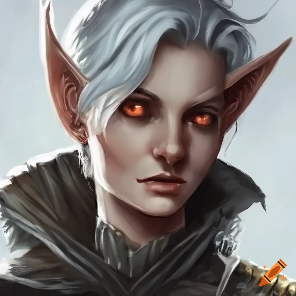 Image of a pale grey-haired elf with orange eyes on Craiyon